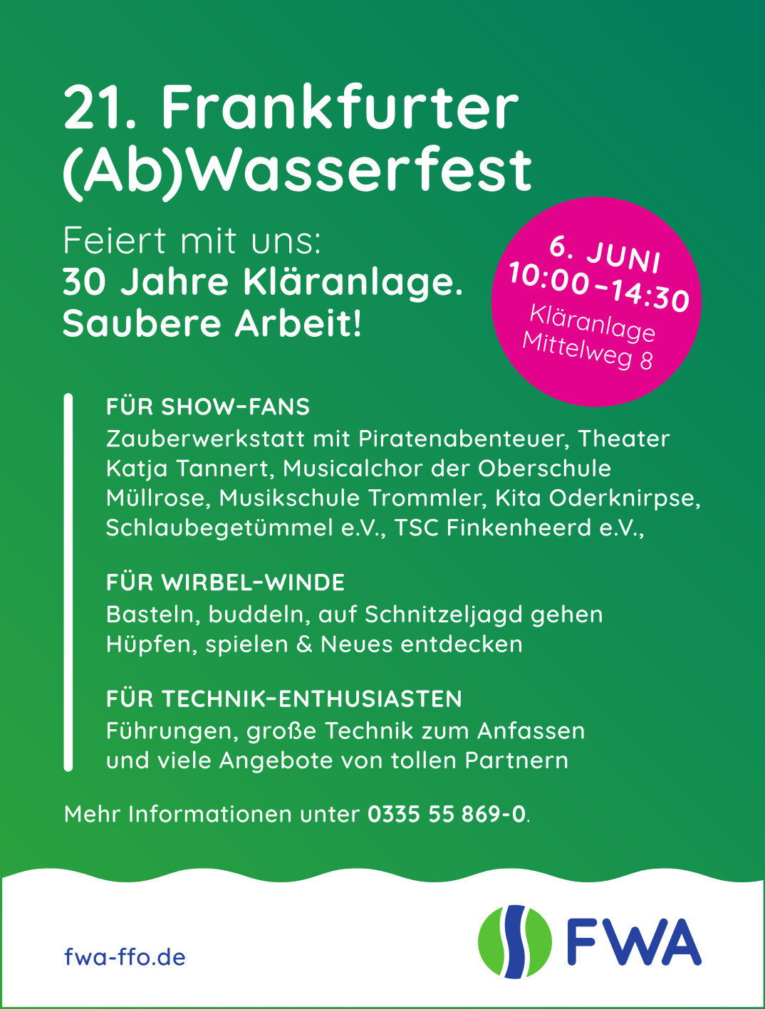 Flyer für unser Abwasserfest am 6. Juni von 10:00 - 14:30 Uhr auf der Kläranlage im Mittelweg